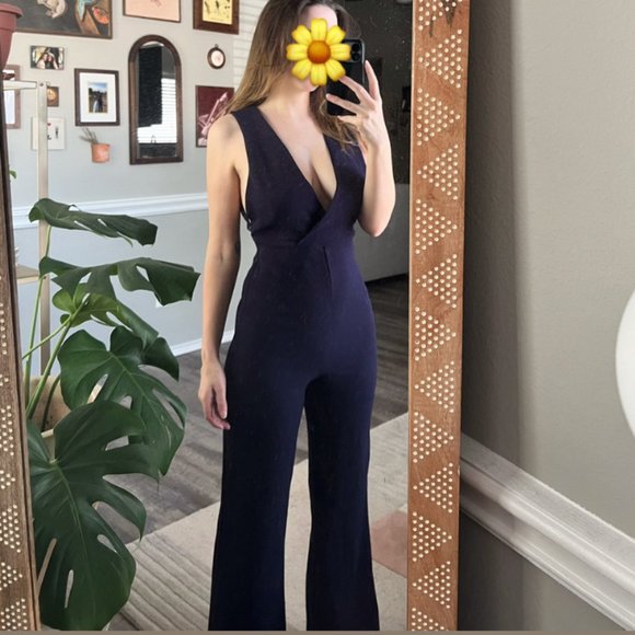 Plunging Flare Dark Blue Jumpsuit - Picture 1 of 7